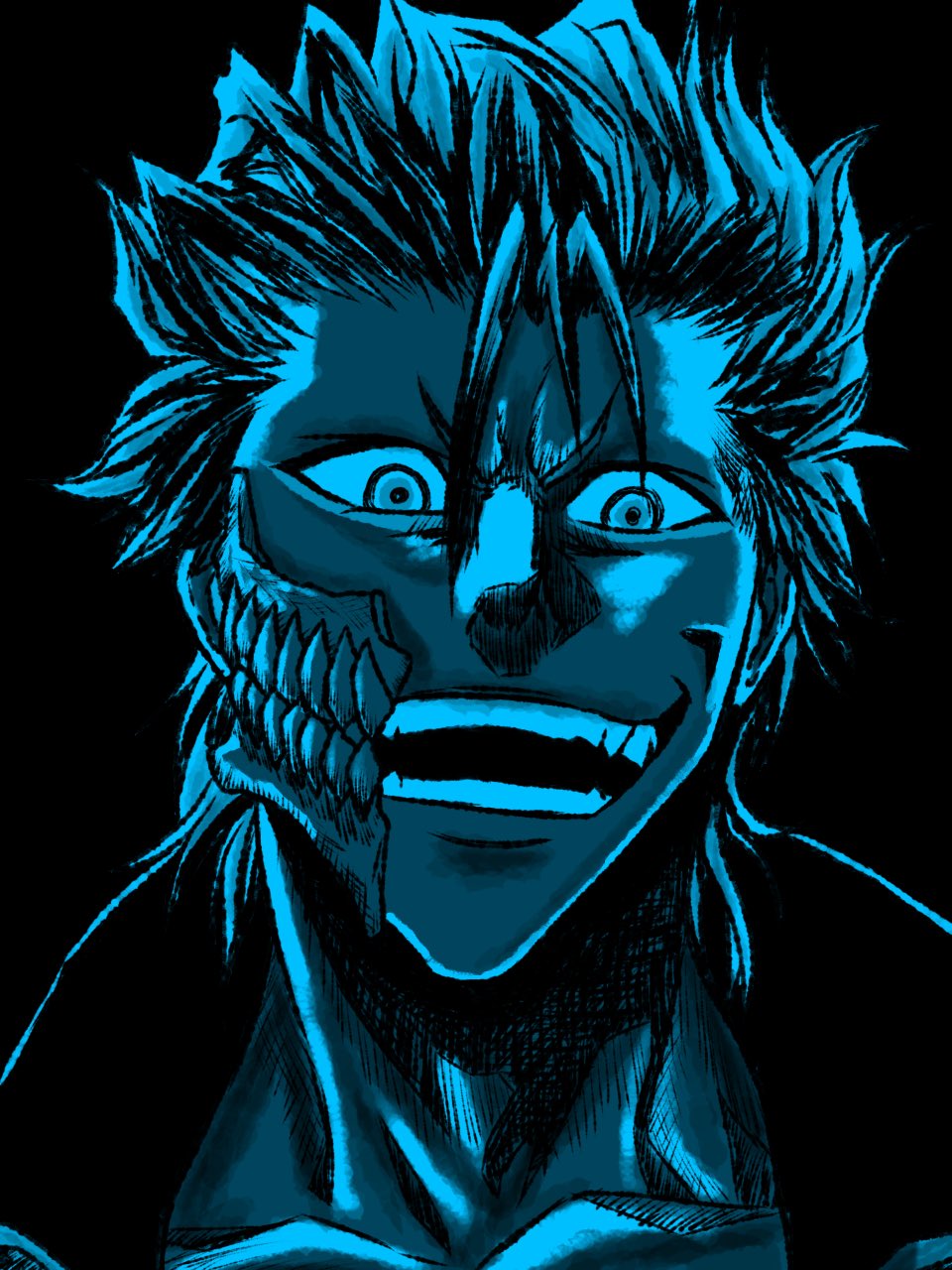 1boy black_background bleach blue_hair blue_theme collarbone commentary_request espada evil_smile grimmjow_jaegerjaquez hair_between_eyes hair_slicked_back highres hollow_mask long_bangs male_focus monochrome open_mouth portrait shade short_eyebrows short_hair smile solo team_hatch8 teeth v-shaped_eyebrows