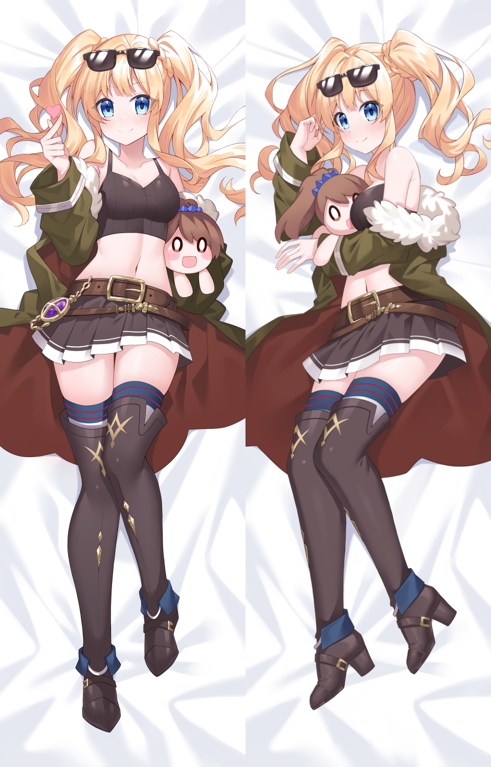 1girl arm_under_breasts bed_sheet belt binato_lulu black_shirt blonde_hair blue_eyes blush boots breasts brown_belt brown_footwear brown_skirt character_doll closed_mouth coat commentary crop_top curvy dakimakura_(medium) eyewear_on_head finger_heart full_body fur-trimmed_coat fur_trim granblue_fantasy green_coat hair_between_eyes hand_up heart highres knees_together_feet_apart long_hair long_sleeves looking_at_viewer lying medium_breasts midriff miniskirt navel on_back on_side open_clothes open_coat pleated_skirt shirt short_sleeves skirt smile split_mouth sunglasses thigh_boots thighhighs thighs twintails wide_sleeves zeta_(granblue_fantasy) zettai_ryouiki