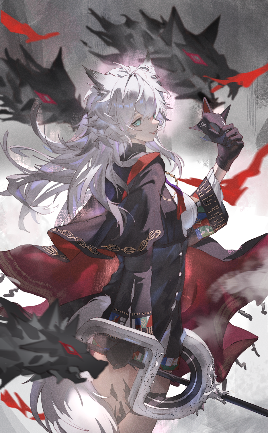 1girl animal_ears aqua_eyes arknights black_dress black_gloves cape commentary cowboy_shot dress drone_(drone_37) gloves hair_between_eyes highres holding holding_mask holding_sword holding_weapon italian_commentary lappland_(arknights) lappland_the_decadenza_(arknights) light_smile long_hair long_sleeves looking_at_viewer mask material_growth open_mouth oripathy_lesion_(arknights) profile red_cape solo standing sword unworn_mask weapon white_hair white_tail wolf_ears wolf_girl