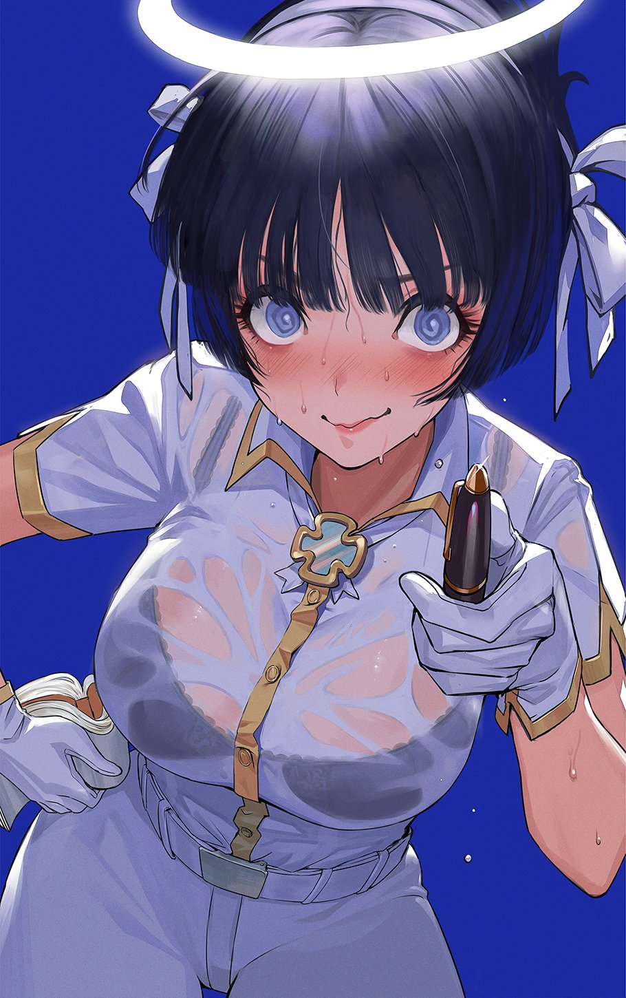 1girl @_@ azazel_(helltaker) belt black_bra black_hair blue_background blue_eyes blunt_bangs blush bra bra_visible_through_clothes breasts ekao gloves hair_ornament hair_ribbon halo hand_on_own_hip helltaker highres holding holding_pen large_breasts leaning_forward looking_at_viewer nose_blush pants pen ribbon see-through_clothes shirt short_hair short_sleeves simple_background smile solo sweat teeth underwear very_sweaty wavy_mouth wet wet_clothes white_gloves white_ribbon white_shirt