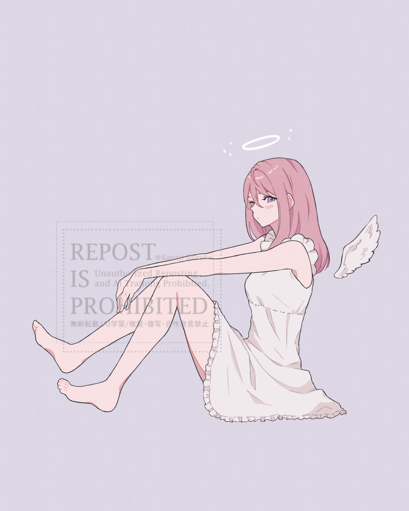 1girl angel_wings arms_on_knees bare_arms bare_legs bare_shoulders barefoot blush closed_mouth commentary detached_wings dress frilled_dress frills halo kanaji_shiroko long_hair looking_at_viewer original pink_hair purple_eyes short_dress sidelocks sitting sleeveless sleeveless_dress solo symbol-only_commentary watermark white_dress wings