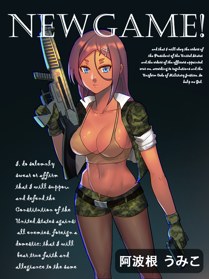 10s 1girl ahagon_umiko blue_eyes breasts brown_hair camouflage camouflage_pants character_name cleavage dark-skinned_female dark_skin english_text engrish_text female_focus gloves gun hair_ornament hairclip long_hair military navel new_game! pants ranguage short_shorts shorts solo text_focus tianlluo translation_request weapon x_hair_ornament