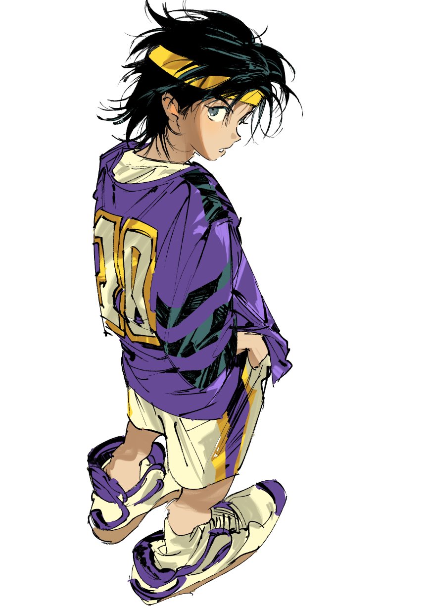 1boy aged_down atie1225 baggy_clothes black_hair blue_eyes commentary headband highres looking_back male_focus miyagi_ryouta multicolored_clothes multicolored_shorts parted_lips purple_shirt shirt shoelaces shoes shorts simple_background slam_dunk_(series) sneakers solo white_background white_shirt yellow_headband