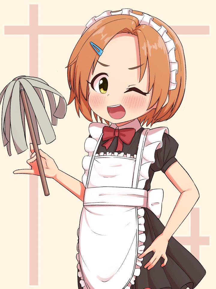 1girl :d apron black_dress blush bow bowtie collar collared_dress cowboy_shot dot_nose dress duster eyelashes flat_chest forehead hair_ornament hairpin hand_on_own_hip holding holding_duster idolmaster idolmaster_cinderella_girls idolmaster_cinderella_girls_starlight_stage kok looking_at_viewer maid maid_apron maid_headdress one_eye_closed open_mouth orange_hair parted_bangs puffy_short_sleeves puffy_sleeves red_bow red_bowtie ryuzaki_kaoru short_hair short_sleeves sidelocks smile solo teeth upper_teeth_only v-shaped_eyebrows waist_bow white_apron white_collar yellow_eyes