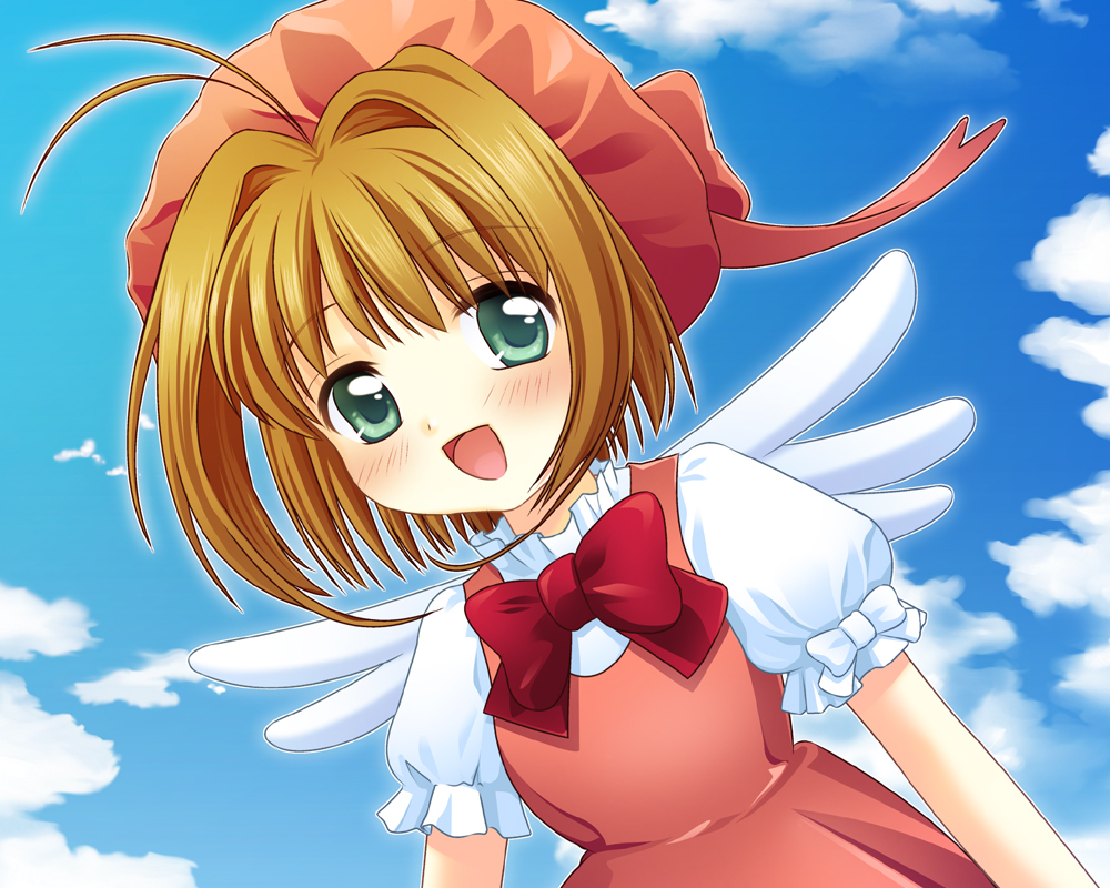 1990s_(style) 1girl bad_id bad_pixiv_id brown_hair cardcaptor_sakura child dress female_focus green_eyes hat kinomoto_sakura pink_hat retro_artstyle short_hair solo yayoi_(pipi)