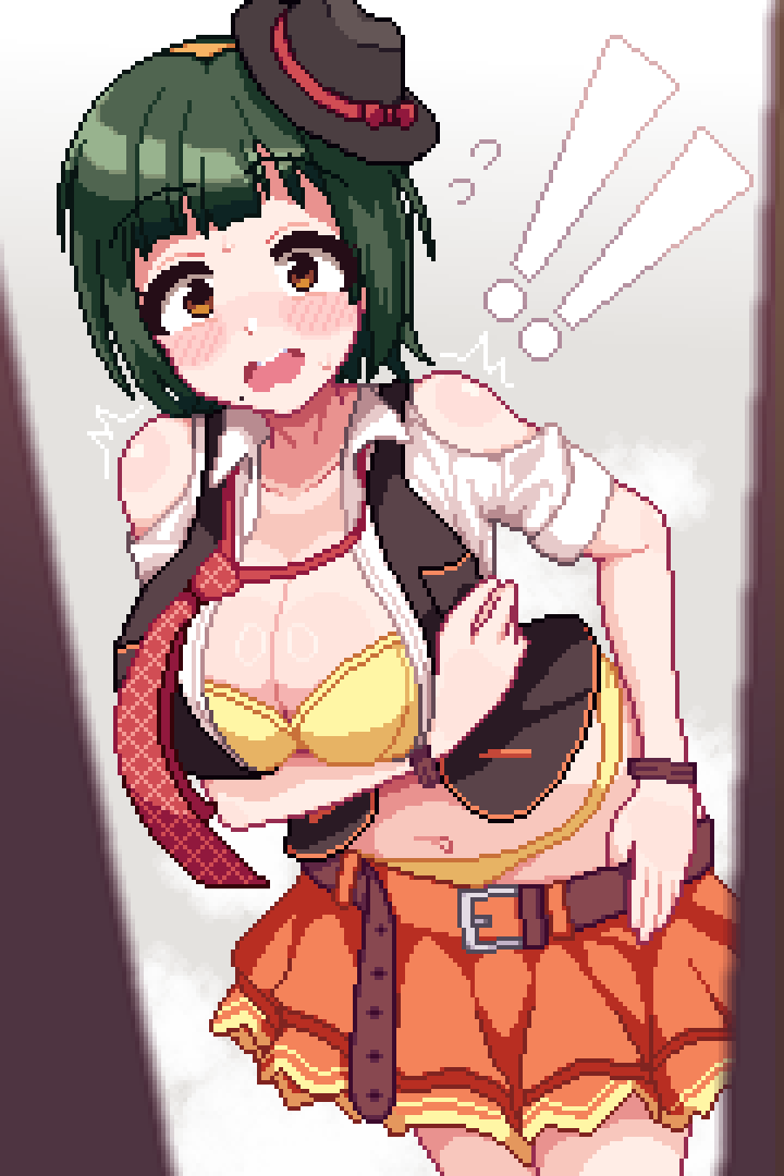 ! !! 1girl ^^^ bare_shoulders belt black_hat black_vest blunt_bangs blush bra breasts brown_belt cleavage collarbone collared_shirt cowboy_shot dot_nose dressing flustered flying_sweatdrops green_hair hairband hat hotshosho idolmaster idolmaster_(classic) idolmaster_million_live! idolmaster_million_live!_theater_days indoors large_breasts layered_skirt looking_at_viewer loose_belt loose_necktie mole mole_under_mouth navel necktie open_clothes open_shirt open_vest orange_skirt otonashi_kotori panties pixel_art pov red_necktie shirt short_hair short_sleeves sidelocks skirt solo standing straight_hair sweatdrop teeth tilted_hat underwear upper_teeth_only vest wavy_mouth white_shirt yellow_bra yellow_hairband yellow_panties