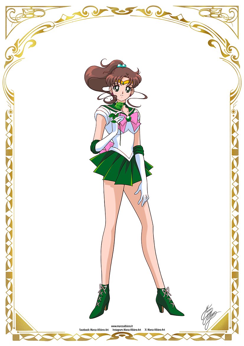 1girl artist_name bishoujo_senshi_sailor_moon bow brown_hair circlet cross-laced_footwear earrings elbow_gloves flower flower_earrings gloves green_eyes green_sailor_collar green_skirt hair_bobbles hair_ornament high_heels inner_senshi jewelry kino_makoto long_hair magical_girl marco_albiero multiple_girls pink_bow ponytail rose sailor_collar sailor_jupiter sailor_senshi sailor_senshi_uniform signature simple_background skirt smile solo twitter_username white_background white_gloves