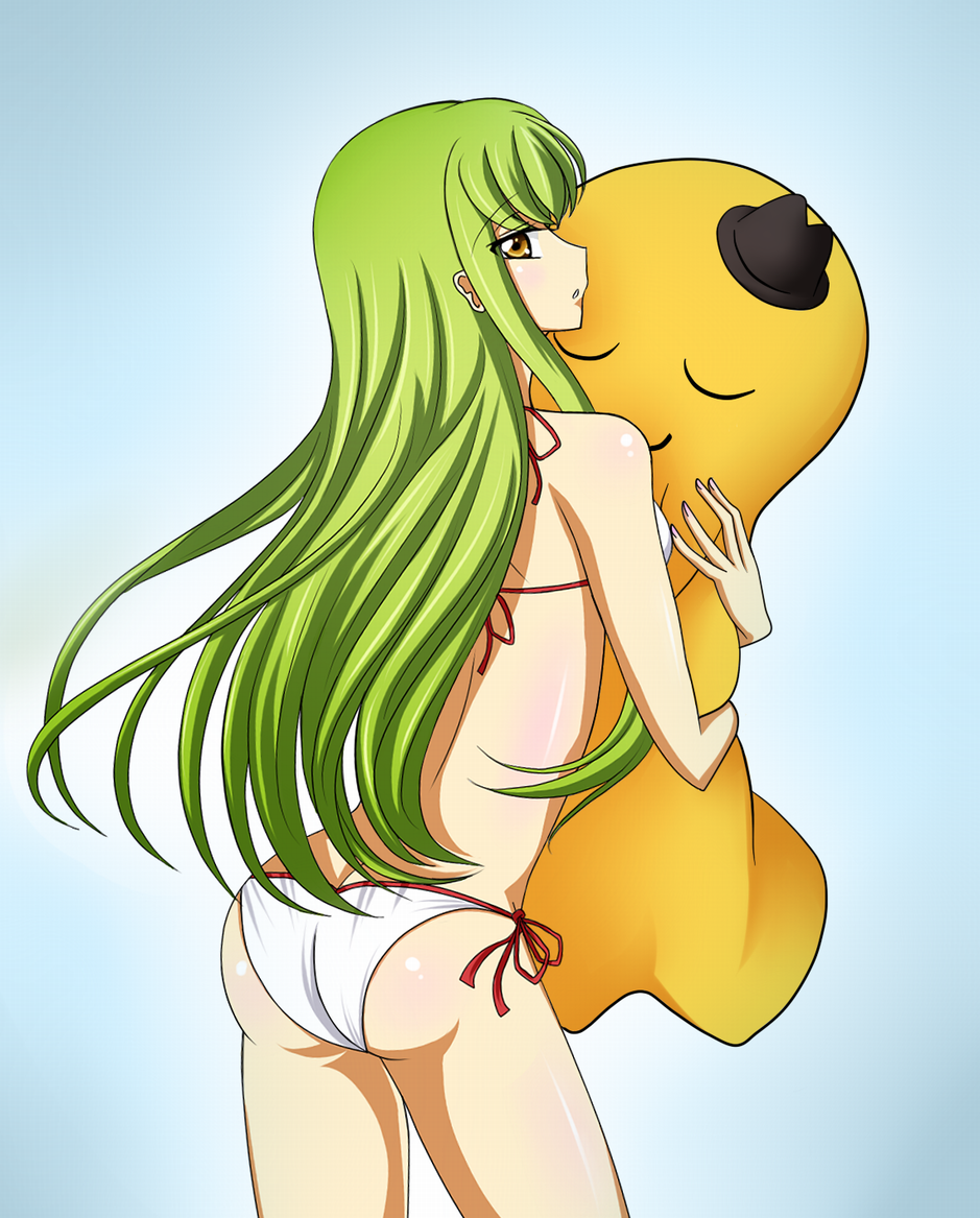 00s 1girl ass bad_id bad_pixiv_id bikini butt_crack c.c. ccllsaikou cheese-kun code_geass female_focus green_hair long_hair pizza_hut side-tie_bikini_bottom solo swimsuit white_bikini yellow_eyes