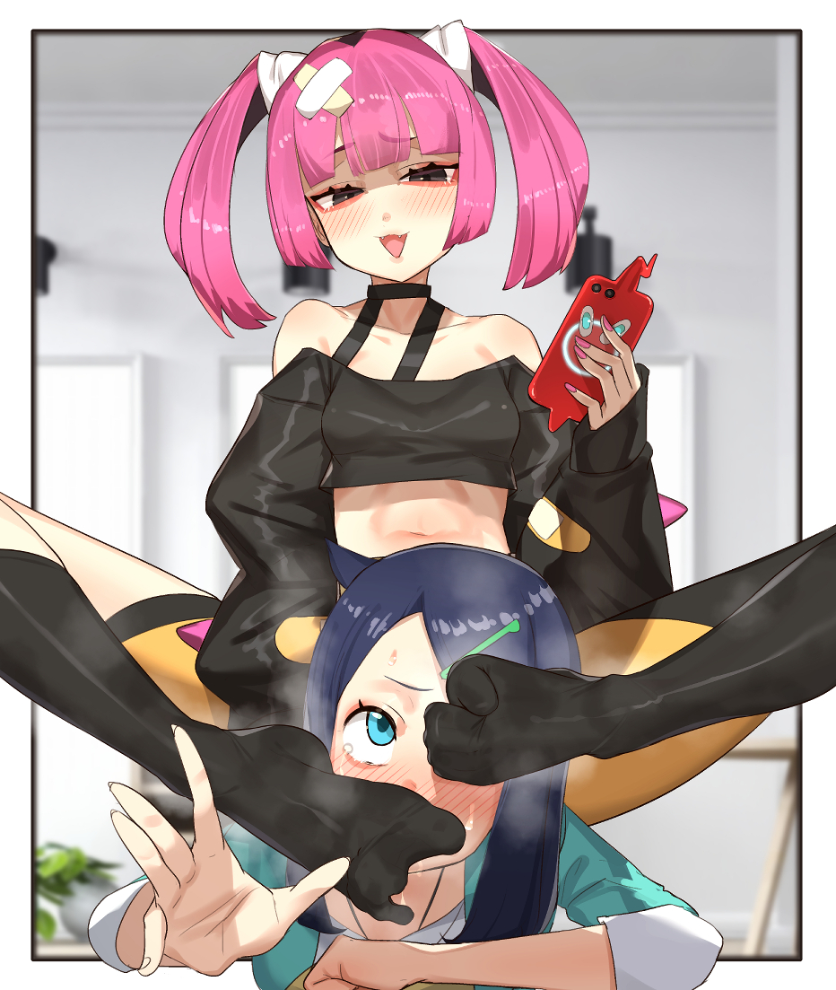 2girls bandaid bandaid_on_head black_eyes blue_eyes blue_hair blush coral_(pokemon) creatures_(company) fangs feet flexible_toes foot_focus foot_on_another&#039;s_face game_freak gen_4_pokemon holding holding_phone indoors kikimifukuri liko_(pokemon) medium_hair midriff multiple_girls nail_polish navel nintendo open_mouth phone pink_hair pokemon pokemon_(anime) pokemon_horizons rotom rotom_phone smell smelling_feet smug tank_top tears thighhighs twintails yuri