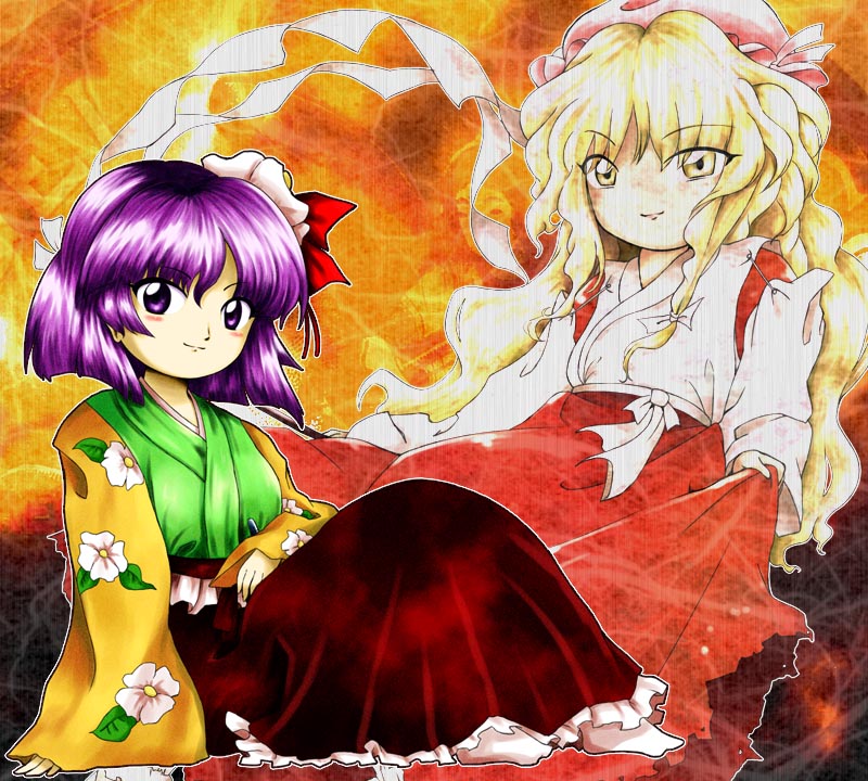 2girls arm_support blonde_hair bow closed_mouth commentary english_commentary eyes_visible_through_hair floral_print flower frilled_skirt frills full_body gohei green_kimono hair_flower hair_ornament hair_ribbon hakama hat hieda_no_akyuu hourai_girl_(touhou) japanese_clothes kanzashi kimono long_hair long_sleeves looking_at_viewer miko mob_cap multiple_girls orange_background outline parted_bangs projected_inset purple_eyes purple_hair red_hakama red_skirt ribbon sakuragi_rian shide short_hair sitting skirt skirt_hold sleeves_past_wrists smile touhou tress_ribbon white_kimono white_outline wide_sleeves yellow_eyes yellow_sleeves zun_(style)