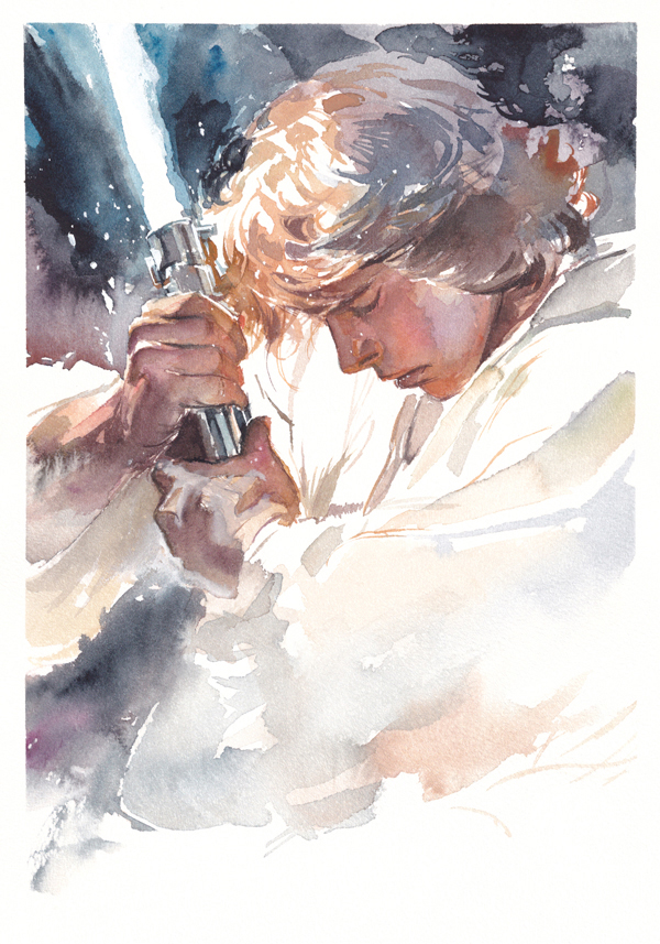 1boy blonde_hair blue_lightsaber border closed_eyes energy_sword holding_lightsaber itoscaresme lightsaber luke_skywalker outside_border painting_(medium) short_hair solo star_wars sword traditional_media tunic upper_body watercolor_(medium) weapon white_border white_tunic