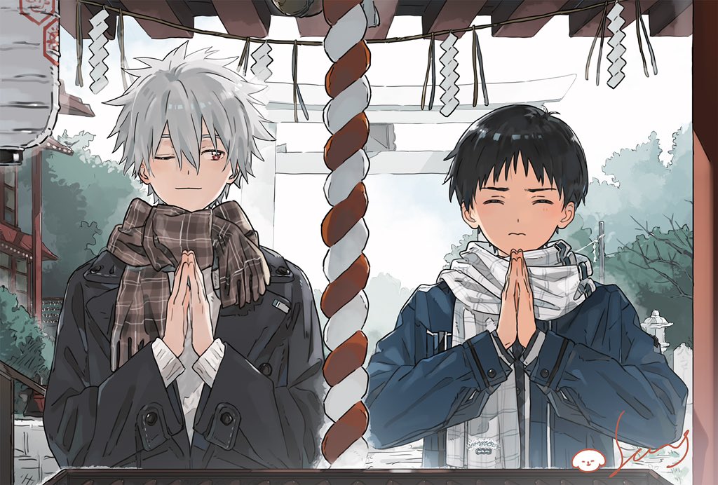 1boy 2boys black_coat black_hair box brown_scarf checkered_clothes checkered_scarf coat donation_box grey_hair hair_between_eyes hatsumoude ikari_shinji maayamer multiple_boys nagisa_kaworu neon_genesis_evangelion new_year own_hands_clasped own_hands_together plaid_clothes plaid_scarf praying red_eyes scarf short_hair shrine signature smile temple white_scarf