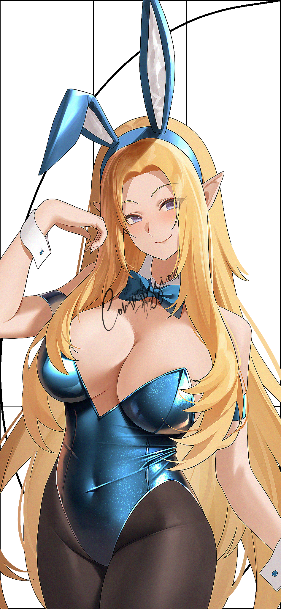 1girl alpha_(kage_no_jitsuryokusha_ni_naritakute!) animal_ears black_pantyhose blonde_hair blue_bow blue_bowtie blue_eyes blue_leotard bow bowtie breasts commission elf fake_animal_ears highres kage_no_jitsuryokusha_ni_naritakute! large_breasts leotard long_hair looking_at_viewer pantyhose playboy_bunny pointy_ears rabbit_ears shizuko_hideyoshi simple_background smile solo wrist_cuffs