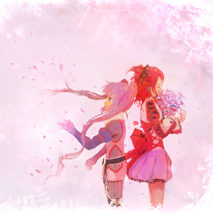 2girls cheria_barnes cherry_blossoms flower multiple_girls pink_background purple_hair purple_skirt red_hair ribbon saintpaulia skirt sophie_(tales) tales_of_(series) tales_of_graces twintails