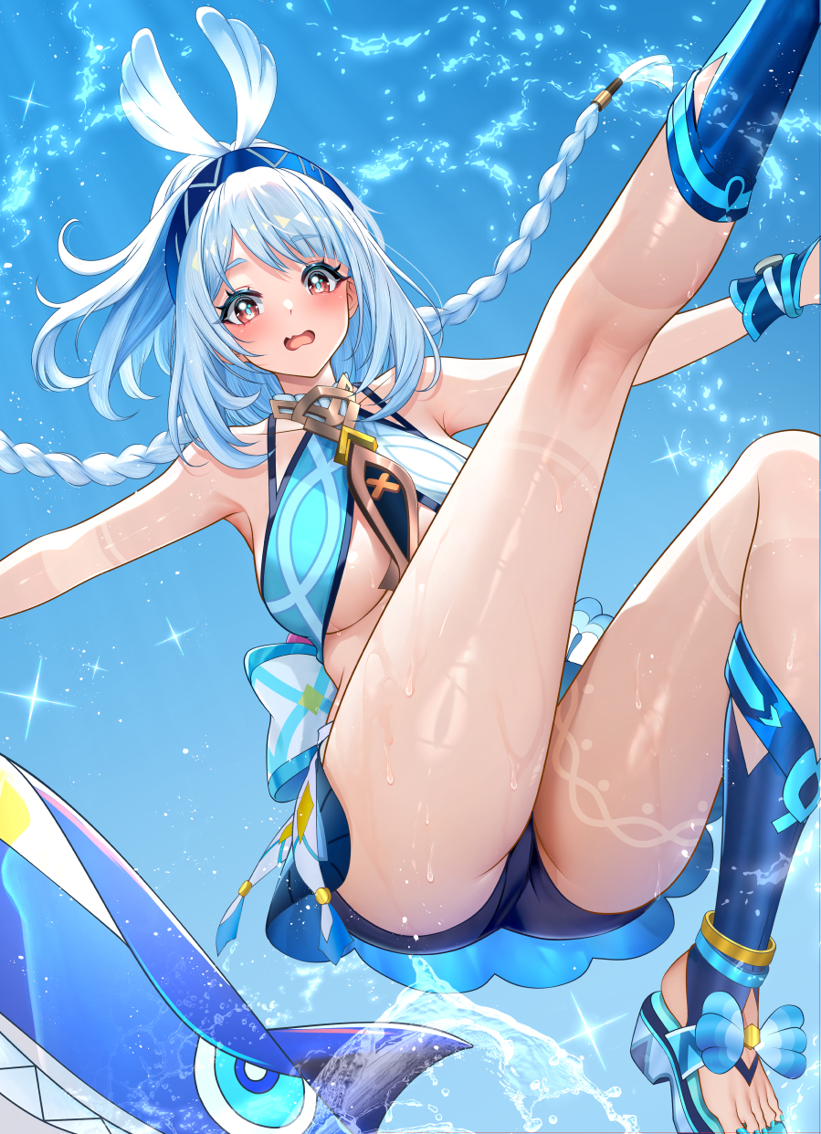 1girl ass bare_arms blue_footwear blue_hair blue_hairband blush body_markings braid breasts commentary_request crop_top genshin_impact hairband highres kneepits large_breasts light_blue_hair long_hair low_twin_braids mualani_(genshin_impact) open_mouth outstretched_arms shark spread_arms studiopokotan thighs twin_braids