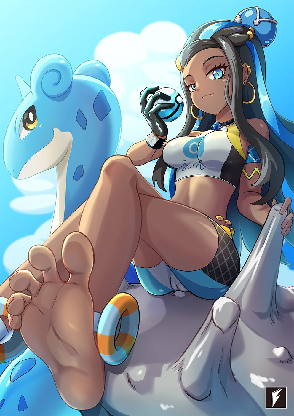 1girl armband armlet artist_logo bare_legs bare_shoulders barefoot bikini black_gloves blue_eyes blue_hair breasts cameltoe choker closed_mouth cloud creatures_(company) crossed_legs dark-skinned_female dark_skin dive_ball earrings eyelashes foot_focus game_freak gen_1_pokemon gloves highres holding holding_poke_ball hoop_earrings jewelry lapras logo long_hair looking_at_viewer looking_down medium_breasts multicolored_hair nessa_(pokemon) nintendo paid_reward_available poke_ball pokemon pokemon_(creature) pokemon_swsh sidelocks single_glove sitting sky soles spread_toes streaked_hair swimsuit tankini teng_zhai_zi thighs toenails toes two-tone_hair vaginal wristband