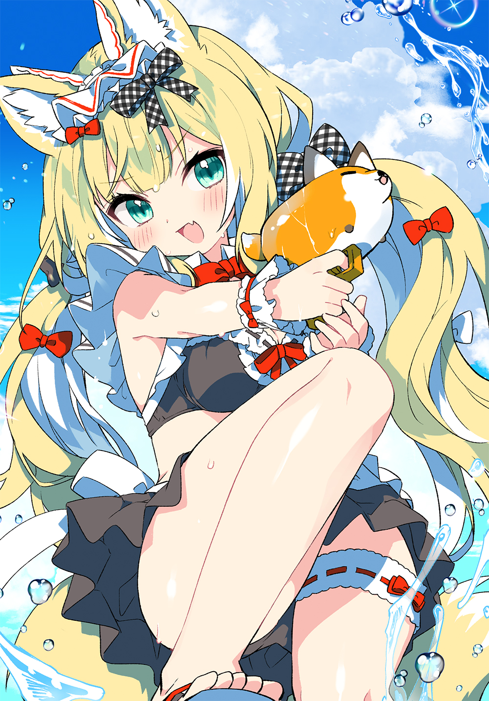 1girl animal_ear_fluff animal_ears bikini bikini_skirt black_bikini blonde_hair blue_sky blush bow colored_inner_hair fang fox_ears fox_girl fox_tail fuwafuwa-chan_(kamiyoshi_rika) green_eyes hair_bow highres holding holding_water_gun kamiyoshi_rika knee_up long_hair low_twintails multicolored_hair open_mouth original plaid_bow red_bow red_ribbon ribbon skin_fang sky smile solo swimsuit tail thigh_strap twintails v-shaped_eyebrows very_long_hair water water_gun white_hair wristband