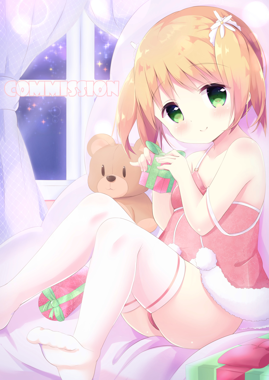 1girl bare_shoulders blush breasts brown_hair camisole closed_mouth commentary commission curtains english_commentary fingernails flower fur_trim gift hair_flower hair_ornament hands_up highres holding holding_gift indoors knees_up looking_at_viewer panties red_camisole red_panties renew_vivi sakura_trick sitting small_breasts smile solo sonoda_yuu sparkle strap_slip stuffed_animal stuffed_toy teddy_bear thighhighs twintails underwear underwear_only white_flower white_thighhighs window