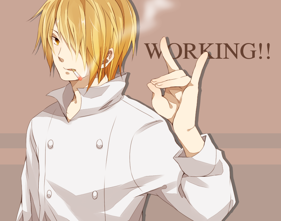 1boy bad_id bad_pixiv_id blonde_hair chef cigarette hair_over_one_eye mako1124 male_focus satou_jun short_hair solo upper_body working!! yellow_eyes