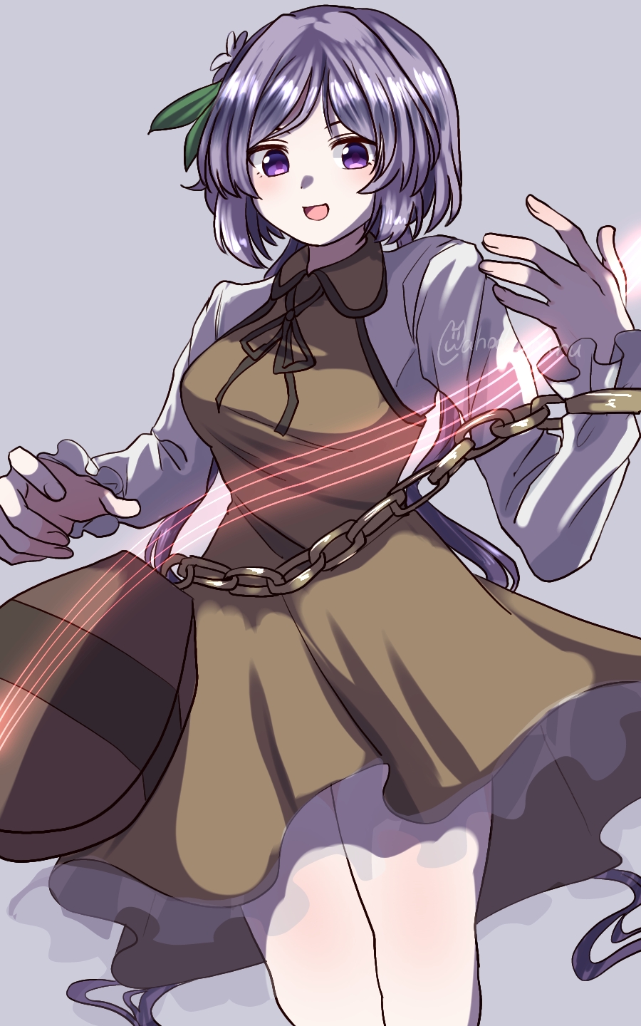 1girl ahodemoaru bare_legs biwa_lute black_ribbon brown_dress chain collared_dress cowboy_shot dress flower gold_chain grey_background hair_flower hair_ornament happy highres instrument long_hair long_sleeves looking_at_viewer lute_(instrument) neck_ribbon one-hour_drawing_challenge purple_eyes purple_hair ribbon shirt short_dress solo touhou tsukumo_benben twintails very_long_hair white_flower white_shirt