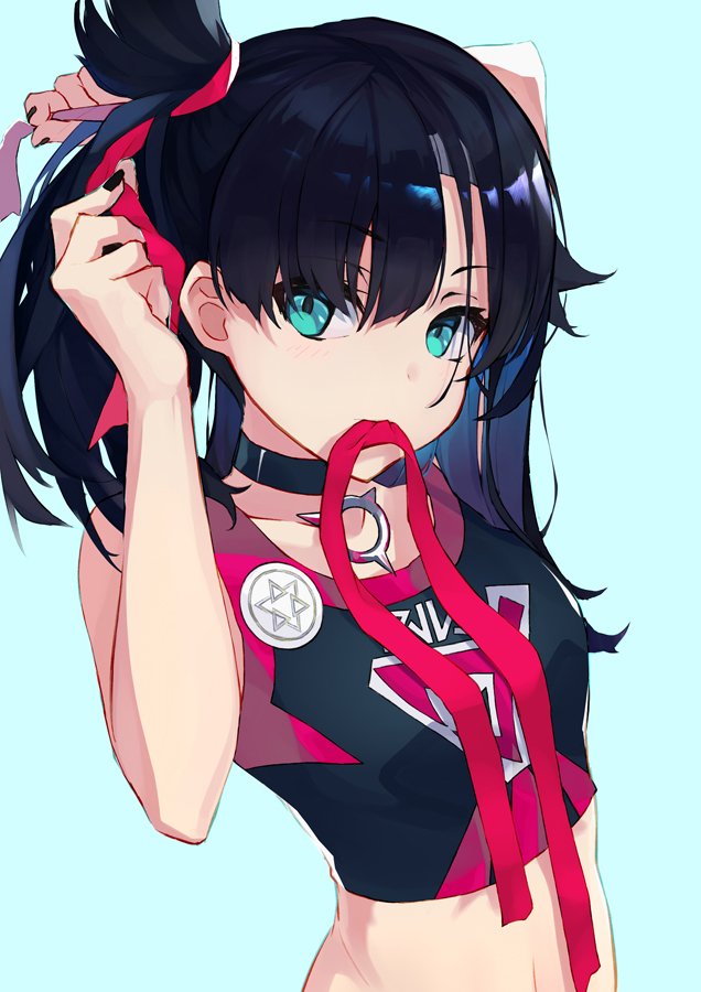 1girl aqua_background aqua_eyes arm_behind_head badge black_choker black_hair black_nails black_tank_top choker commentary_request creatures_(company) fumi_t204 game_freak hair_tie_in_mouth hairband looking_at_viewer marnie_(pokemon) mouth_hold nail_polish navel nintendo pokemon pokemon_swsh red_hairband red_tank_top side_ponytail skinny solo tank_top tying_hair