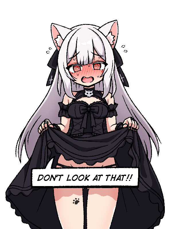 1girl @_@ animal_ear_fluff animal_ears black_bow black_dress black_nails black_panties black_ribbon blush bow breasts cat_ears cat_girl dress fangs hair_ribbon indie_virtual_youtuber ink_(inksgirls) jewelry lifting_own_clothes long_hair looking_at_viewer medium_breasts multiple_rings nose_blush nyana_banyana official_alternate_color official_alternate_costume official_alternate_eye_color open_mouth panties paw_print_tattoo red_eyes ribbon ring speech_bubble speech_bubble_censor underwear virtual_youtuber