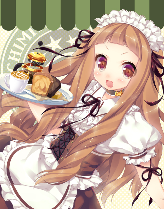 10s 1girl :d apron bread brown_eyes brown_hair choker coffee espresso female_focus food ichihara_nina idolmaster idolmaster_cinderella_girls long_hair looking_at_viewer maid maid_apron maid_headdress mitsumomo_mamu open_mouth plate ribbon smile solo