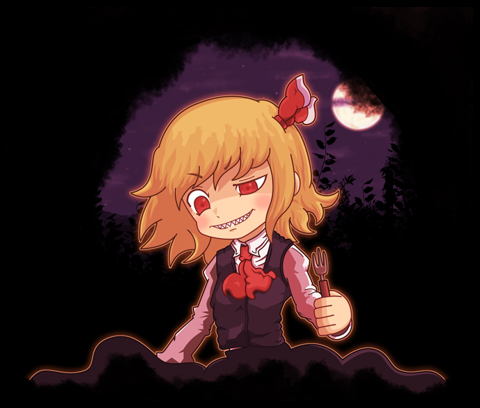 1girl blonde_hair dark embodiment_of_scarlet_devil female_focus fork genkidaun moon red_eyes rumia sharp_teeth solo teeth touhou