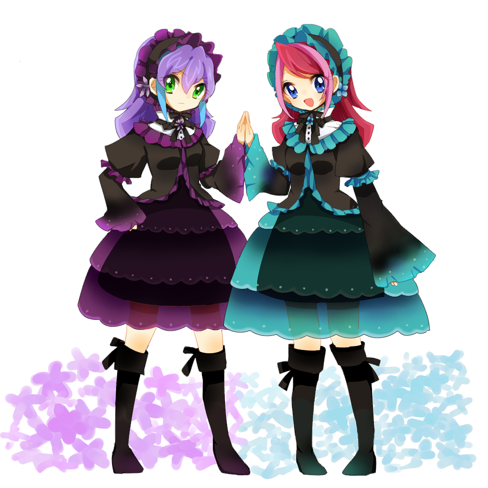 2girls :d alternate_costume blue_eyes blue_hair boots bracelet_girls dress frills gothic_lolita green_eyes hair_down hairband hiiragi_yuzu hiyoseri hortense_(sound_horizon) lolita_fashion long_hair multicolored_hair multiple_girls open_mouth parody pink_hair roman_(sound_horizon) serena_(yu-gi-oh!) smile sound_horizon two-tone_hair violette_(sound_horizon) yu-gi-oh! yu-gi-oh!_arc-v