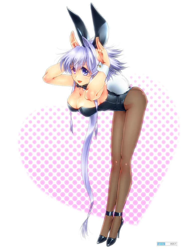 1girl animal_ears back-seamed_legwear bent_over blue_hair bow bowtie breasts cleavage detached_collar fake_animal_ears female_focus heterochromia high_heels large_breasts lavolpe_(yagisaka_seto) leotard long_hair long_legs original pantyhose playboy_bunny rabbit_ears rabbit_tail seamed_legwear shoes solo tail tiptoes wrist_cuffs yagisaka_seto