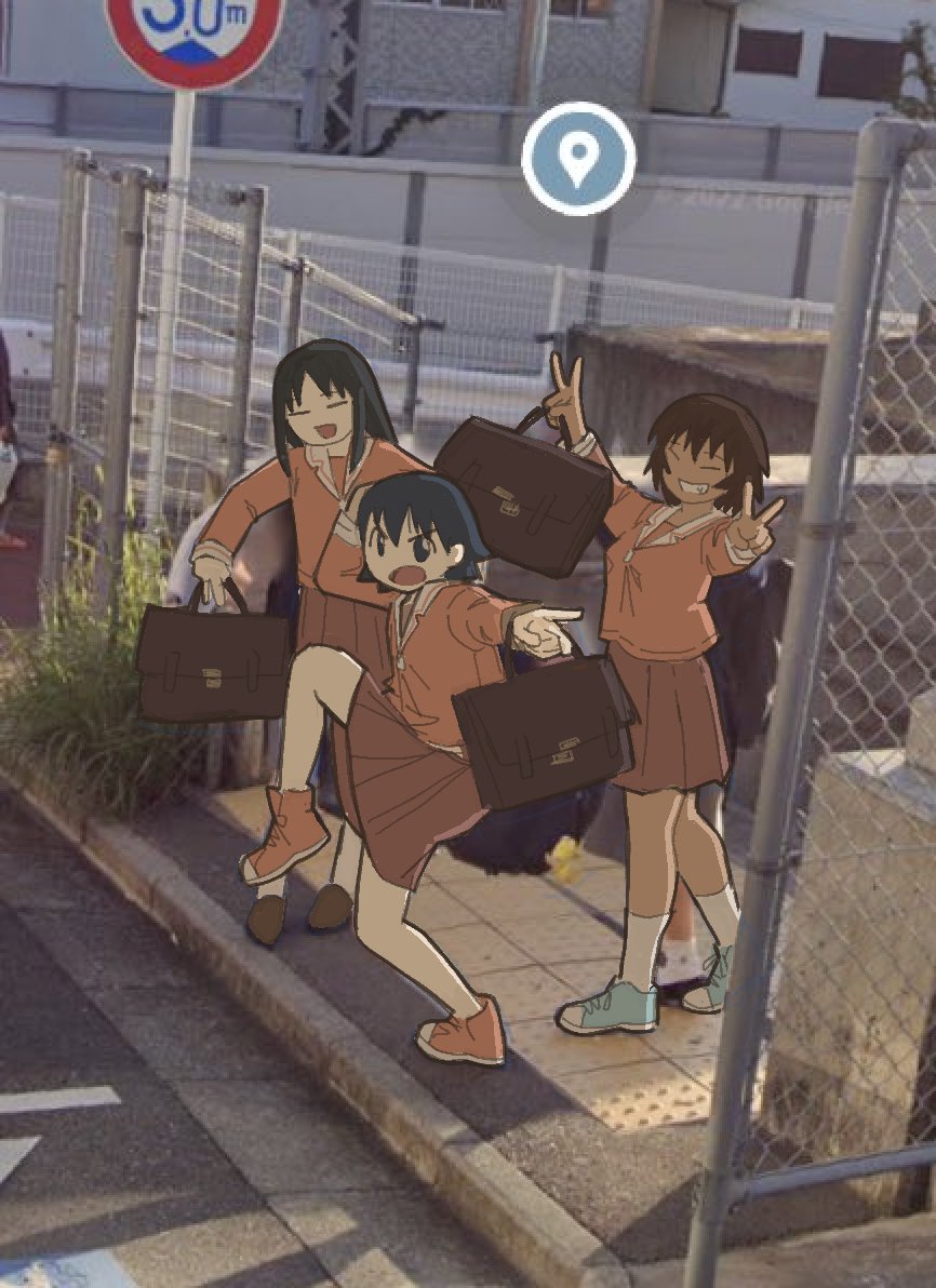 3girls azumanga_daioh&#039;s_school_uniform azumanga_daiou bag black_hair brown_bag brown_hair chain-link_fence day denkirk double_v fence full_body google_maps google_street_view high_school_girls_posing_for_google_street_view_(meme) kagura_(azumanga_daioh) kasuga_ayumu long_hair long_sleeves looking_at_viewer meme miniskirt multiple_girls open_mouth outdoors photo_background pink_serafuku pink_shirt pink_skirt pleated_skirt school_bag school_uniform serafuku shirt shoes short_hair sidewalk skirt smile sneakers standing standing_on_one_leg tactile_paving takino_tomo tan v winter_uniform