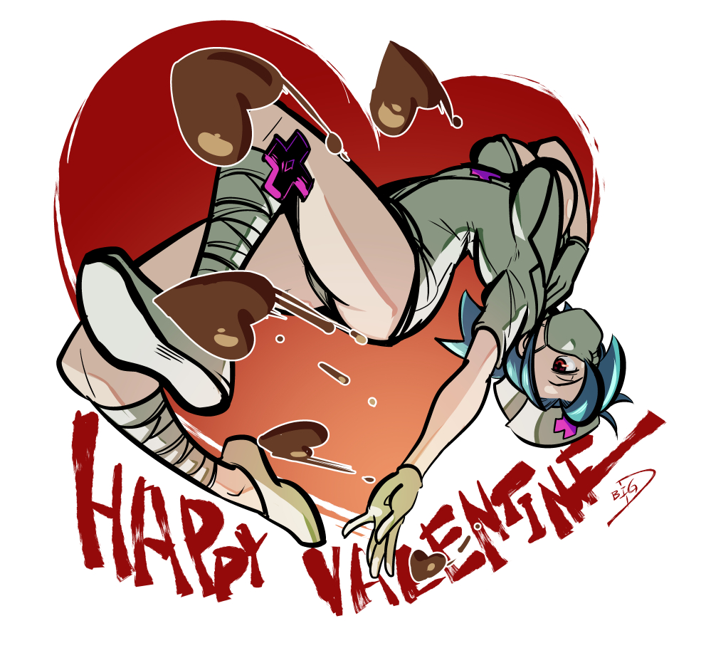 +_+ 1girl big-d blue_hair breasts candy chocolate chocolate_heart cross dress female_focus food full_body gloves happy_valentine hat heart leg_wrap mask mouth_mask nurse nurse_cap panties pantyshot red_cross red_eyes short_dress short_hair skullgirls solo surgical_mask underwear upside-down valentine valentine_(skullgirls)