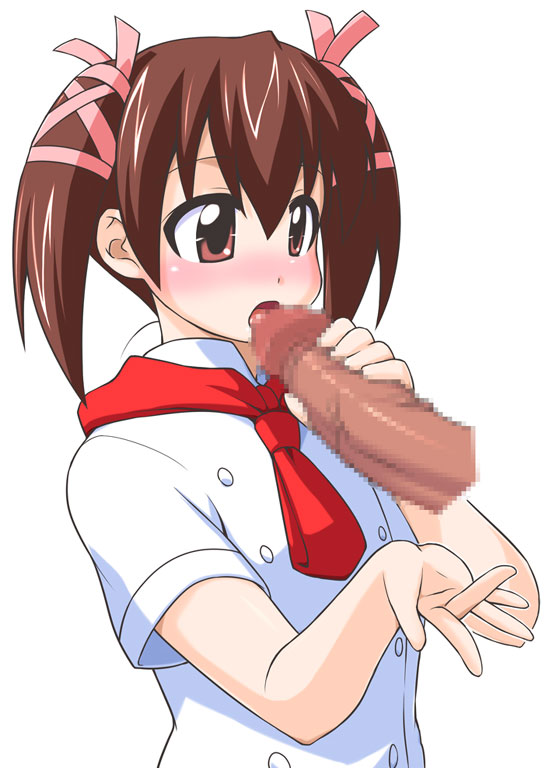 1girl anal anal_fingering blush brown_eyes brown_hair censored chef disembodied_penis fellatio fingering hair_ribbon mahou_sensei_negima! mikagami_sou mosaic_censoring neckerchief oral penis ribbon solo_focus two_side_up yotsuba_satsuki