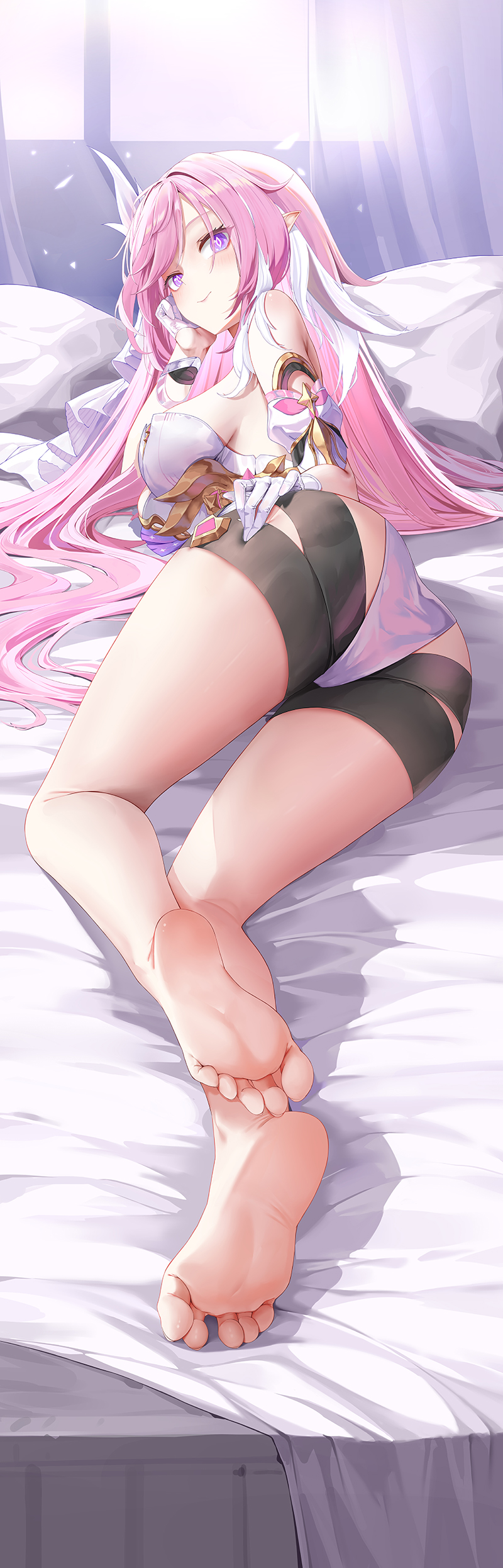 1girl absurdres bare_legs bare_shoulders barefoot bed breasts crystal_flower dakimakura_(medium) diamond-shaped_pupils diamond_(shape) elf elysia_(herrscher_of_human:_ego)_(honkai_impact) elysia_(honkai_impact) feet gloves highres honkai_(series) honkai_impact_3rd long_hair looking_at_viewer looking_back pillow pink_eyes pink_hair pink_pupils pointy_ears sideboob soles symbol-shaped_pupils triquetra very_long_hair white_gloves white_veil yaomiaomiao