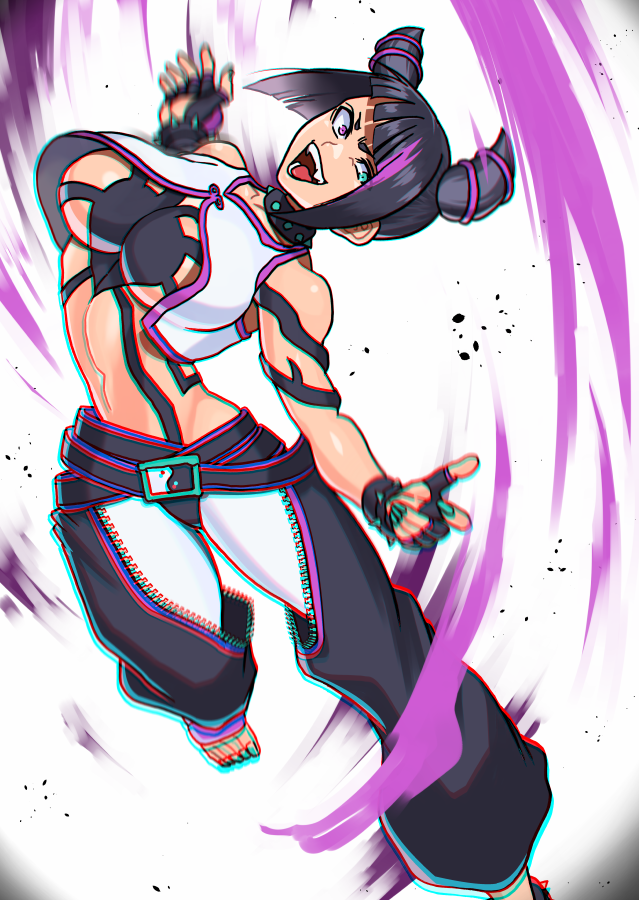 1girl 1other akisu_k black_hair bracelet breasts chromatic_aberration fangs fingerless_gloves gloves hair_horns han_juri heterochromia jewelry large_breasts nails navel open_mouth pants smile spiked_bracelet spiked_necklace spikes street_fighter street_fighter_6 white_background