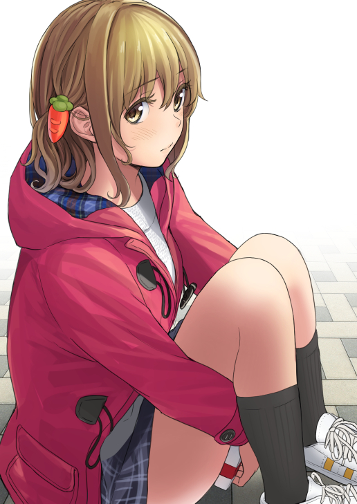 1girl bad_id bad_pixiv_id black_socks blue_skirt blush brown_hair carrot_hair_ornament closed_mouth coat duffel_coat female_focus food-themed_hair_ornament hair_ornament hugging_own_legs kneehighs knees_up looking_at_viewer md5_mismatch open_clothes open_coat original plaid_clothes plaid_skirt resolution_mismatch shoes sidelocks sitting skirt sneakers socks solo source_larger yellow_eyes yoropa