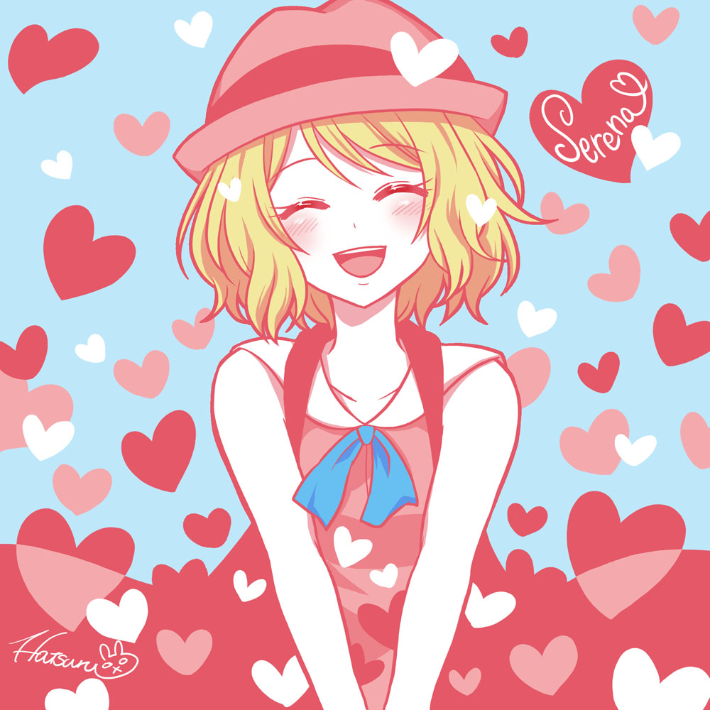 1girl :d blonde_hair blue_background blue_ribbon blush character_name closed_eyes creatures_(company) facing_viewer game_freak hair_between_eyes hatsuru_826 heart heart_background neck_ribbon nintendo open_mouth pokemon pokemon_(anime) pokemon_xy_(anime) ribbon sailor_collar serena_(pokemon) short_hair smile solo swept_bangs white_sailor_collar