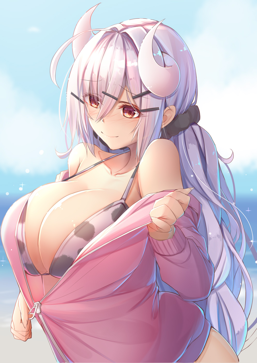 1girl ahoge animal_print beach bikini blush breasts brown_eyes cleavage collarbone cow_print day hair_ornament hair_scrunchie hairclip highres horns jacket large_breasts long_hair original scrunchie silver_hair sky solo swimsuit tatapopo unzipping zipper