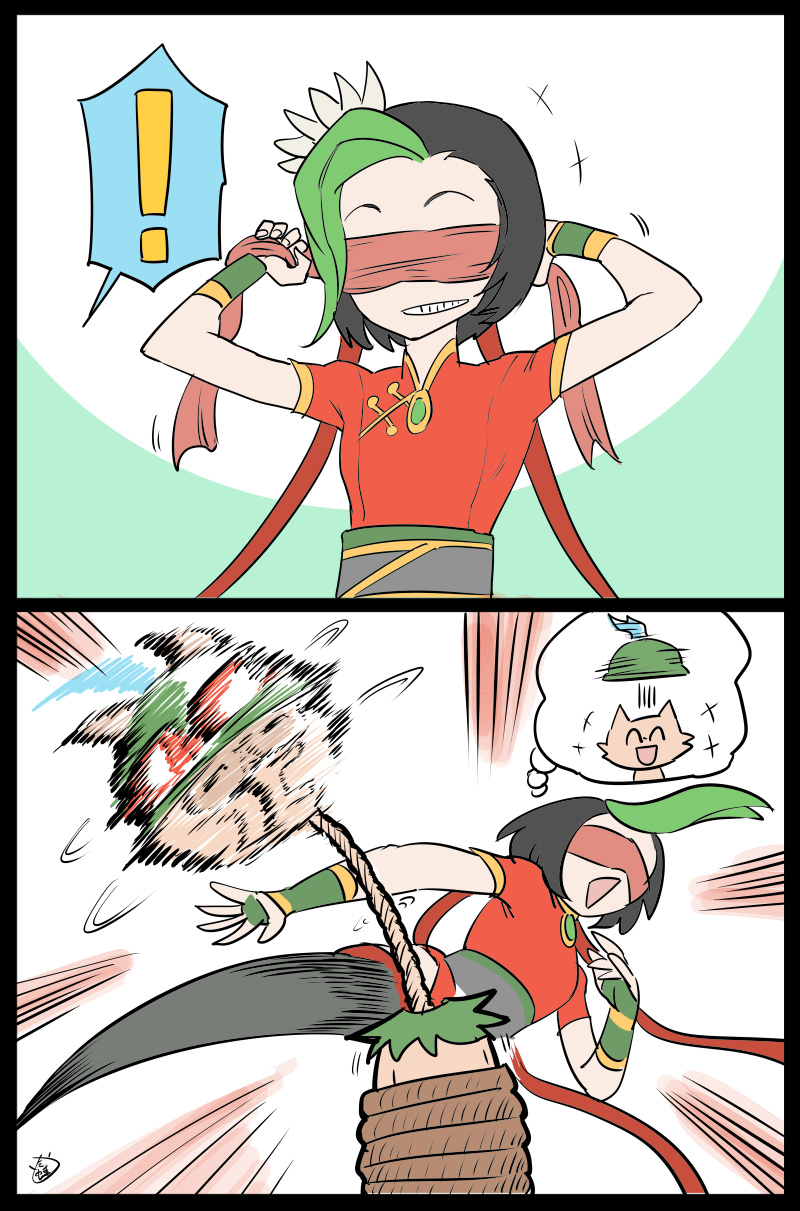 1boy 1girl blindfold blue_hair bottle bottle_cap bottle_cap_challenge braid china_dress chinese_clothes comic dress firecracker_jinx highres jinx_(league_of_legends) league_of_legends meme teemo thighhighs twin_braids