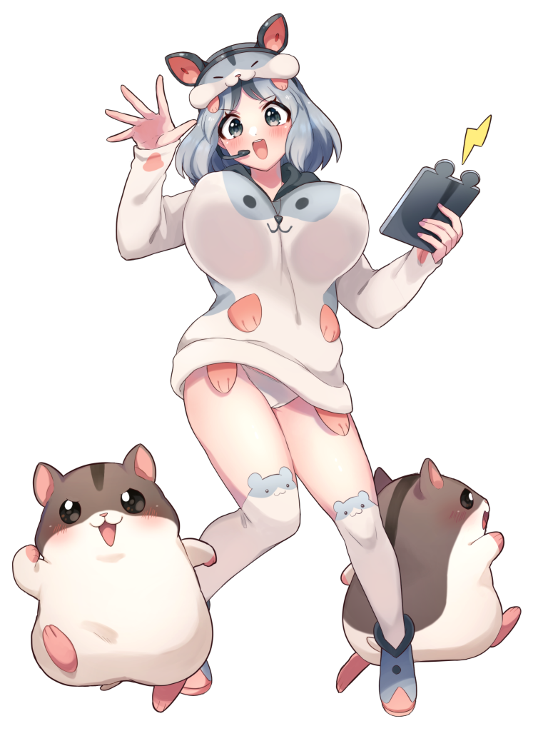 1girl :d animal_hat blush breasts dairoku_ryouhei grey_eyes grey_footwear grey_hair hamster hat headset hood hoodie impossible_clothes kohoshi_maumau large_breasts open_mouth panties remotarou smile solo standing thighhighs transparent_background underwear white_panties