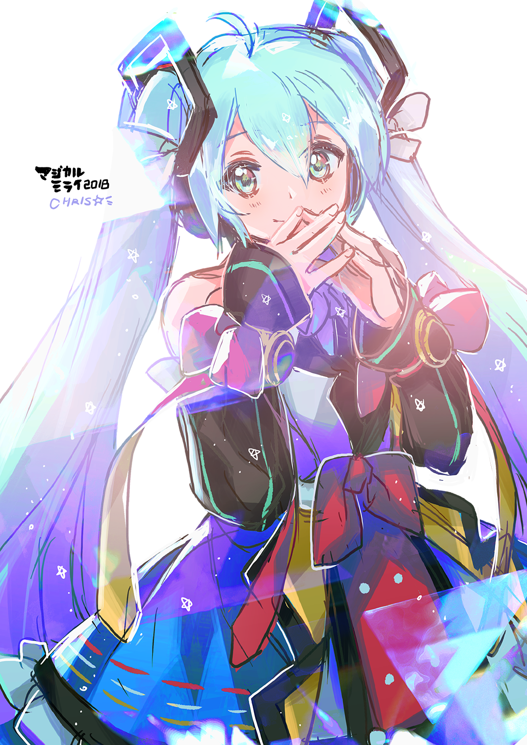 1girl 2018 arms_at_sides artist_name bare_shoulders blue_eyes blue_hair blurry blurry_foreground blush bokeh chris4708 colorful commentary_request depth_of_field detached_sleeves dress female_focus fingernails fingers_to_mouth fingers_together hair_between_eyes happy hatsune_miku highres light_particles long_hair looking_away magical_mirai_(vocaloid) magical_mirai_miku magical_mirai_miku_(2018) multicolored_clothes multicolored_dress pink_ribbon ribbon simple_background sleeveless sleeveless_dress smile solo standing star_(symbol) star_symbol_background translation_request twintails upper_body very_long_hair vocaloid white_background