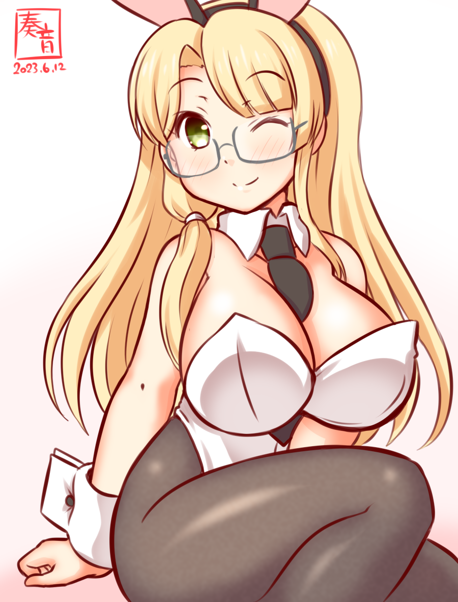 1girl animal_ears between_breasts blonde_hair blush breasts brown_pantyhose cleavage covered_navel detached_collar fake_animal_ears glasses gradient_background green_eyes kanon_(kurogane_knights) kantai_collection large_breasts leotard long_hair looking_at_viewer necktie necktie_between_breasts northampton_(kancolle) one-hour_drawing_challenge one_eye_closed pantyhose pink_background playboy_bunny rabbit_ears rabbit_tail semi-rimless_eyewear sitting smile solo strapless strapless_leotard tail white_leotard wrist_cuffs