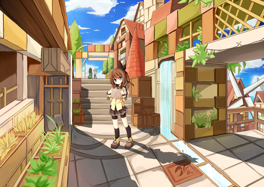 1girl blue_eyes brown_hair building hair_ribbon hoe long_hair looking_at_viewer lucena_winter original ribbon shadow shorts_under_skirt shovel side_ponytail skirt solo_focus water windmill worktool yuuhagi_(amaretto-no-natsu)