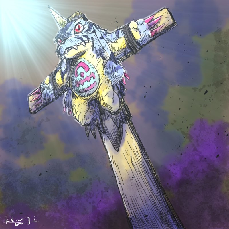 blue_fur bound bound_wrists claws cross crucifixion digimon digimon_(creature) digimon_adventure gabumon grace_kraft horns no_humans pelt red_eyes sharp_teeth single_horn solo sunlight teeth yellow_horns