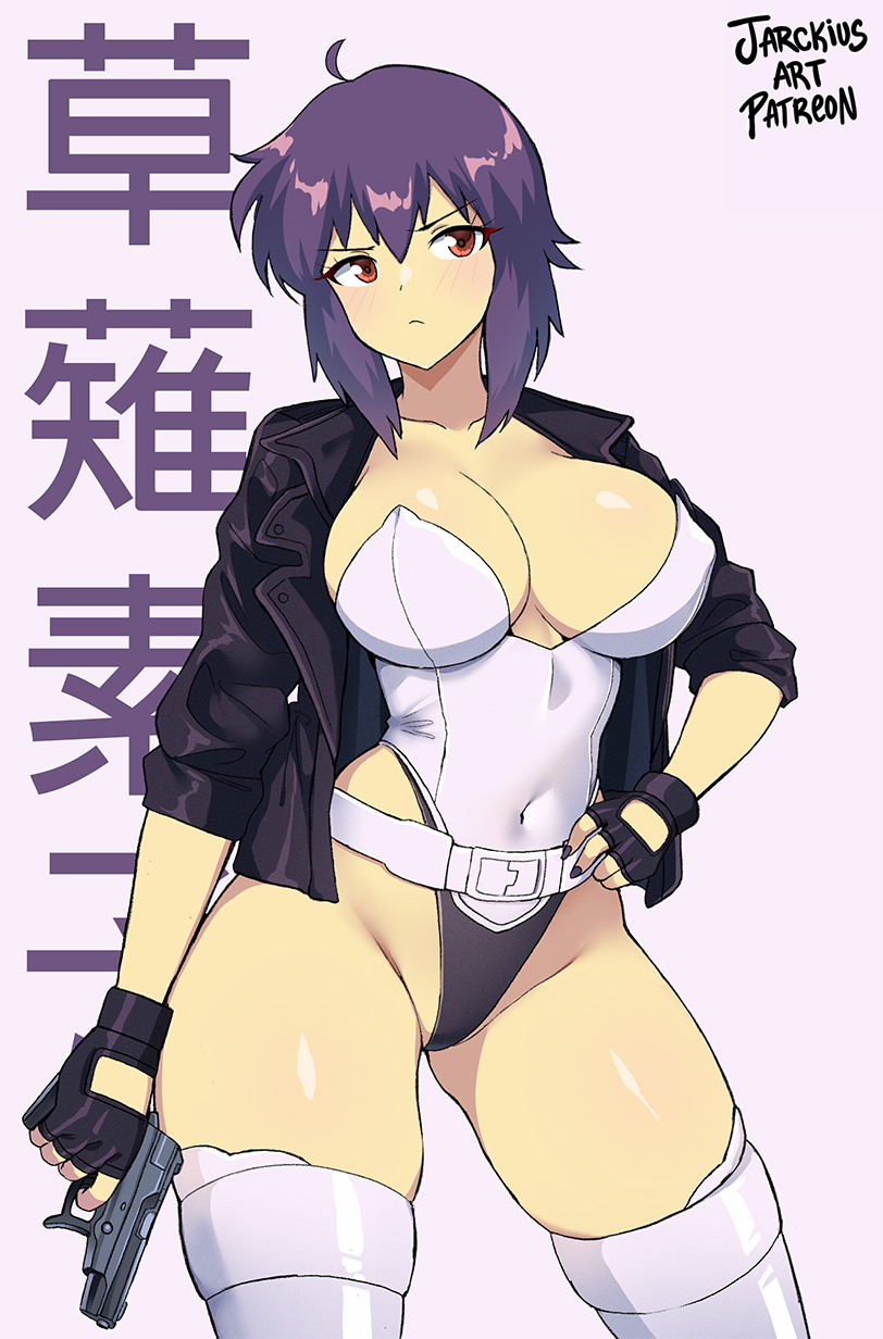 1girl ahoge artist_name belt black_jacket boots breasts cleavage collarbone covered_navel eyebrows_hidden_by_hair fingerless_gloves ghost_in_the_shell ghost_in_the_shell:_stand_alone_complex gloves gun handgun highleg highleg_leotard highres holding holding_gun holding_weapon jacket jarckius_art kusanagi_motoko large_breasts leotard looking_at_viewer orange_eyes purple_hair purple_nails short_hair thigh_boots thighhighs weapon