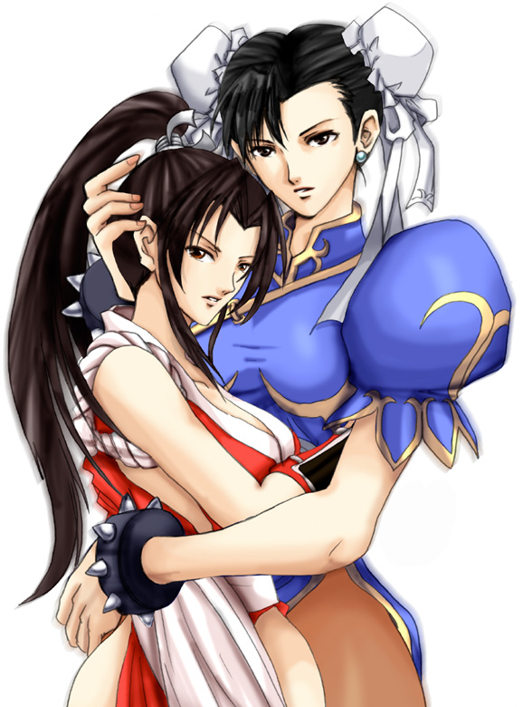 2girls black_hair bracelet breasts brown_hair bun_cover capcom china_dress chinese_clothes chun-li cleavage double_bun dress fatal_fury female_focus hair_bun high_ponytail hug jewelry looking_at_viewer multiple_girls ninja patsuki revealing_clothes shiranui_mai spiked_bracelet spikes street_fighter the_king_of_fighters thighhighs upper_body white_background yuri