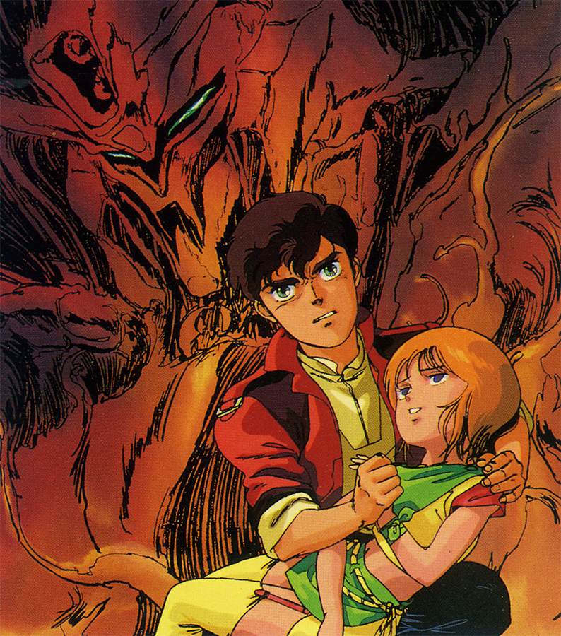 1980s_(style) 1boy 1girl age_difference angry beam_cannon blue_eyes brown_hair carrying carrying_person clenched_teeth demon elpeo_puru energy fire green_eyes grin gundam gundam_zz hallucination holding jacket judau_ashta key_visual kitazume_hiroyuki magazine_scan mecha mobile_suit monster muzzle official_art oldschool orange_hair pain production_art promotional_art psyco_gundam_mk_ii retro_artstyle robot scan science_fiction size_difference smile teeth upper_body v-fin