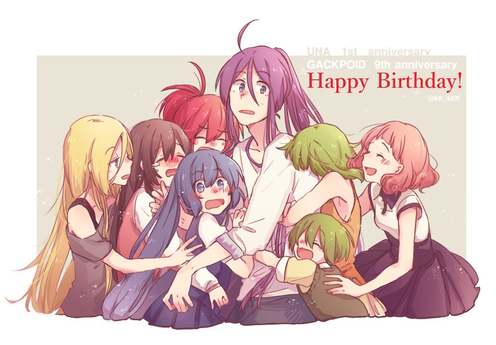 2boys 6+girls ahoge anniversary blonde_hair blue_eyes blush casual chika_(vocaloid) child crying cul dress everyone closed_eyes green_hair group_hug gumi happy_birthday hug kamui_gakupo kokone_(vocaloid) lily_(vocaloid) long_hair long_sleeves mi_no_take multiple_boys multiple_girls off_shoulder orange_shirt otomachi_una purple_hair red_hair ryuuto_(vocaloid) school_uniform shirt short_sleeves sleeveless sweater_vest vocaloid wavy_mouth