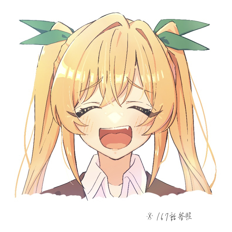 1girl blonde_hair blush brown_cardigan cardigan closed_eyes collared_shirt green_ribbon hair_ribbon inda_karane kimi_no_koto_ga_dai_dai_dai_dai_daisuki_na_100-nin_no_kanojo kwi long_hair open_mouth portrait ribbon shirt simple_background smile solo teeth tongue twintails upper_teeth_only