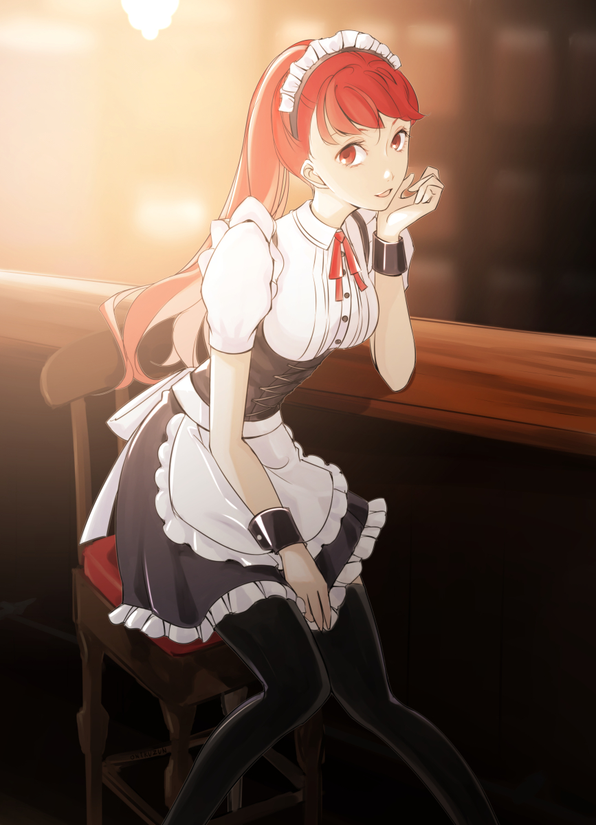 1girl alternate_costume apron black_dress black_pantyhose chair commentary_request dress enmaided head_rest highres indoors long_hair looking_at_viewer maid maid_headdress neck_ribbon on_chair onikuzun pantyhose persona persona_5 persona_5_the_royal ponytail puffy_sleeves red_eyes red_hair red_ribbon ribbon short_sleeves sitting smile solo two-tone_dress waist_apron white_apron white_dress wrist_cuffs yoshizawa_kasumi